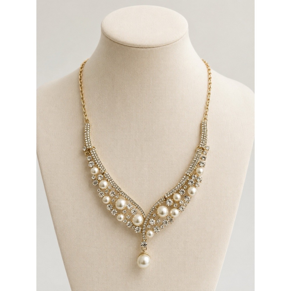 Gold Tone Faux Pearl & Rhinestone V-Collar Necklace with Drop Pearl Accent